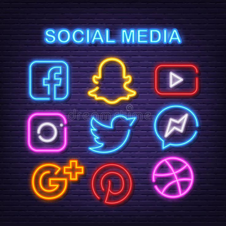 neon social media icons on a brick wall