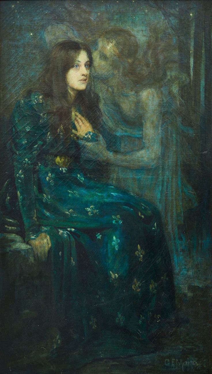 a painting of a woman sitting in a chair with her arm around a man's shoulder