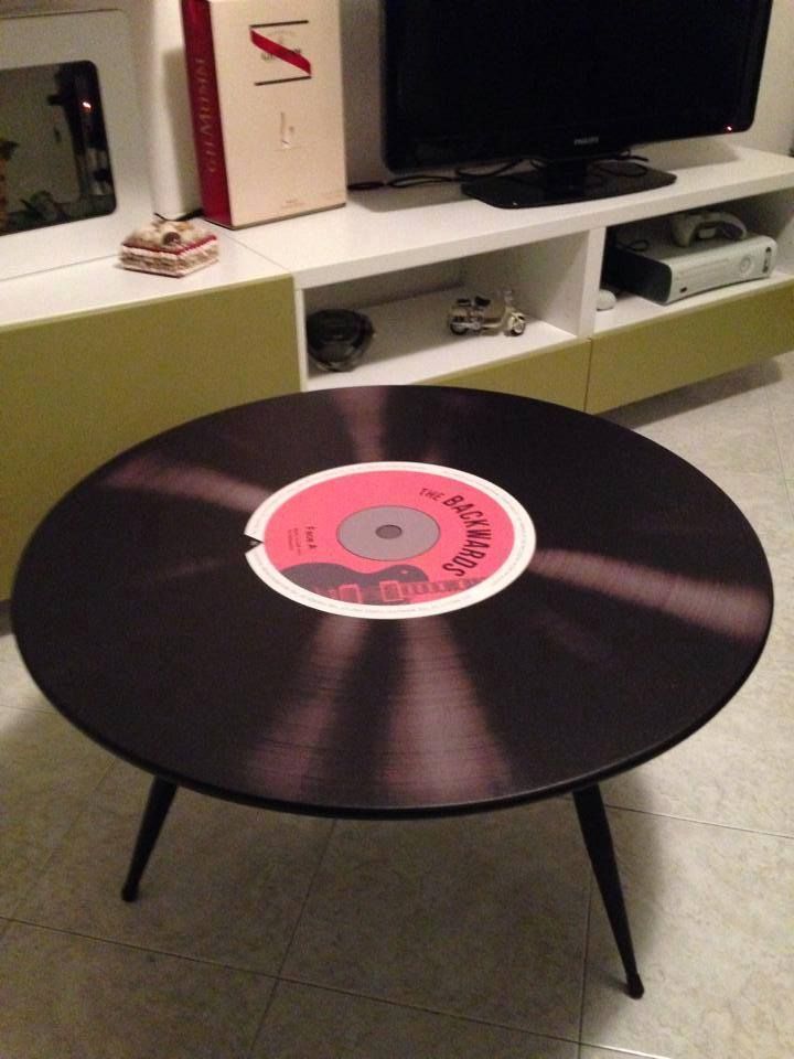 a record sitting on top of a table in front of a tv