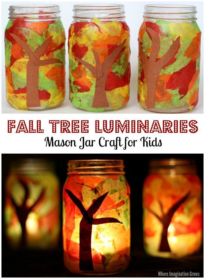 three mason jar crafts with fall tree luminaries