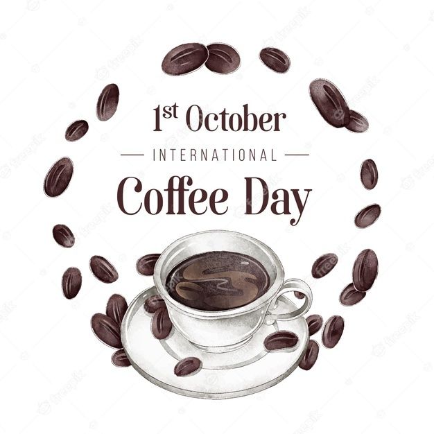 a cup of coffee with beans around it and the words 1st october international coffee day