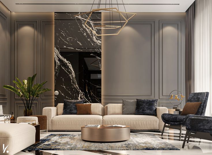 an elegant living room with marble floors and walls, along with modern furniture in neutral colors