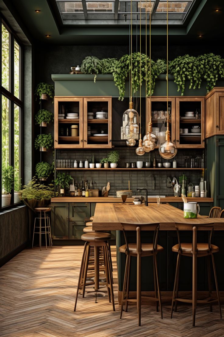 a kitchen with wooden floors and green walls