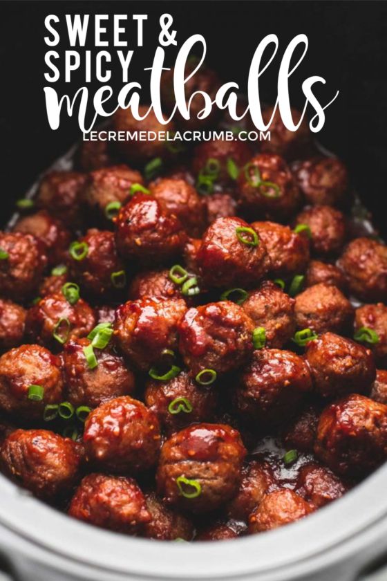 sweet and spicy meatballs in a crock pot with text overlay that reads, sweet and spicy meatballs