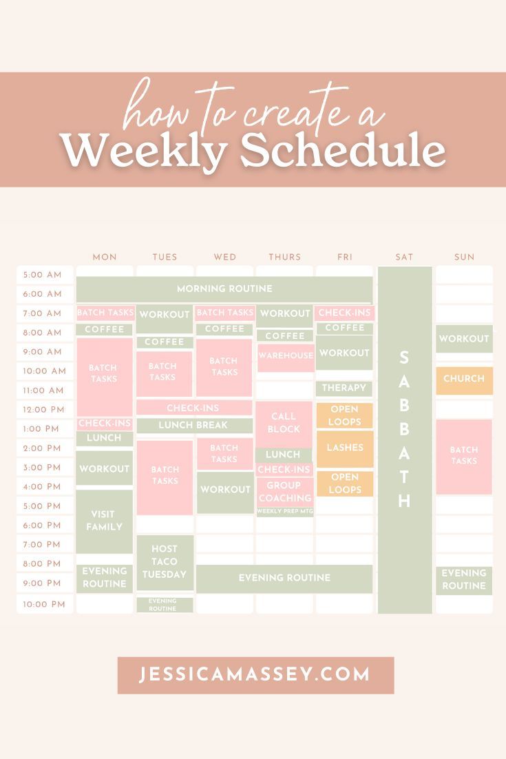 the how to create a weekly schedule with pink, green and yellow colors on it