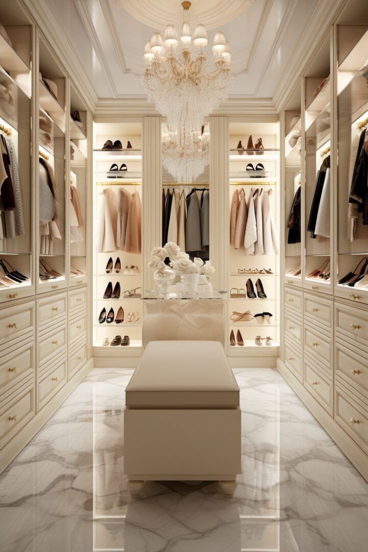 an elegant walk in closet with chandelier and marble flooring, white walls and drawers