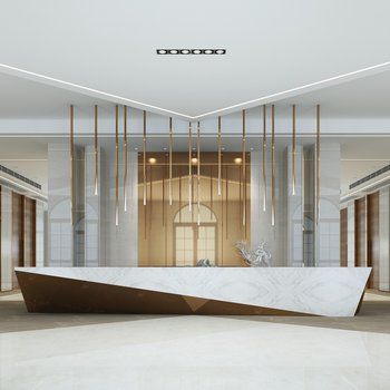 a large marble counter in the middle of a room with gold and white columns on either side