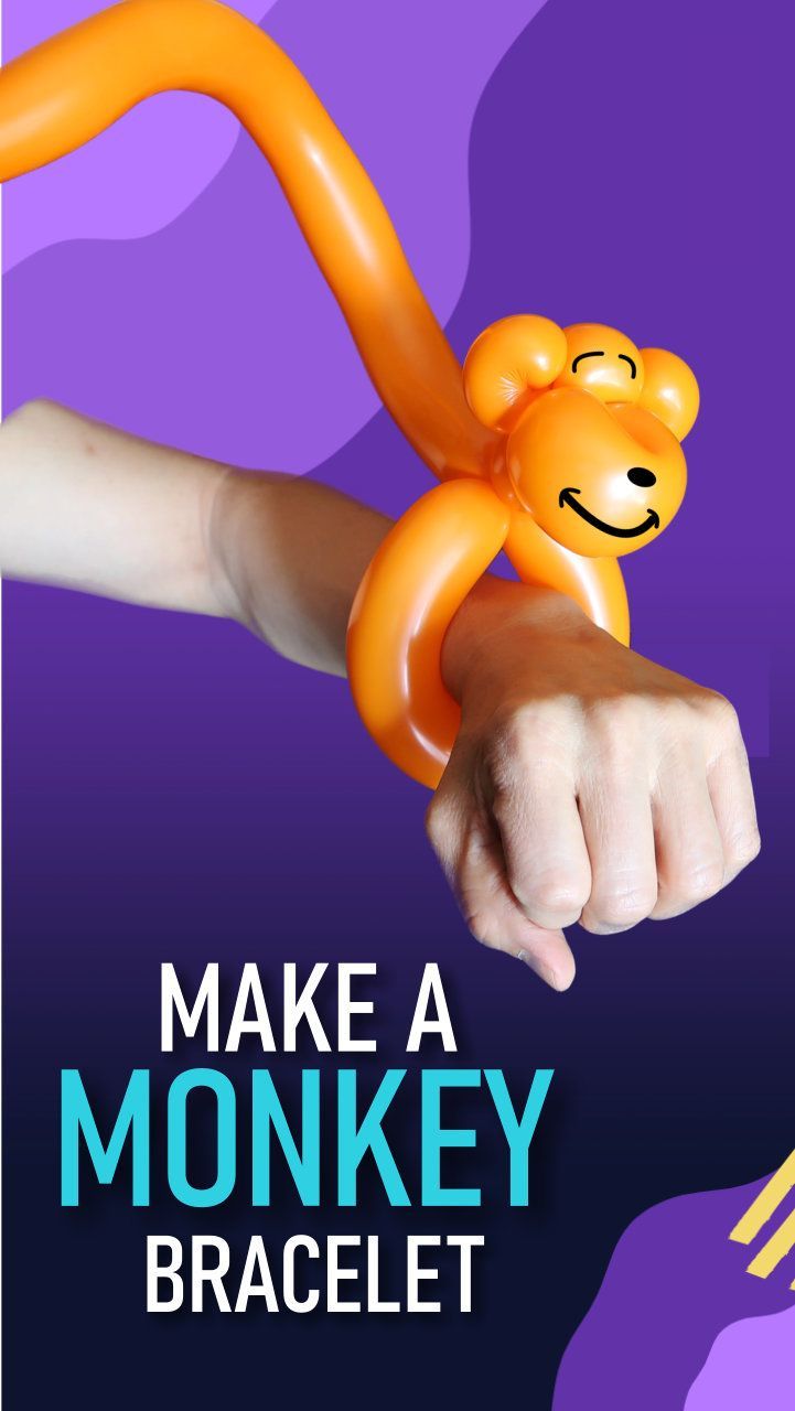 a monkey balloon being held by a person's hand with the words make a monkey bracelet on it