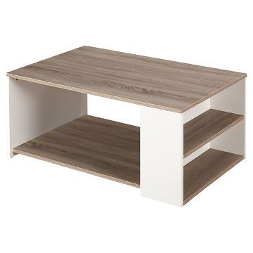 a white and brown coffee table with shelves