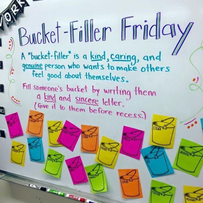 a bulletin board with writing on it that says bucket - filler friday, and