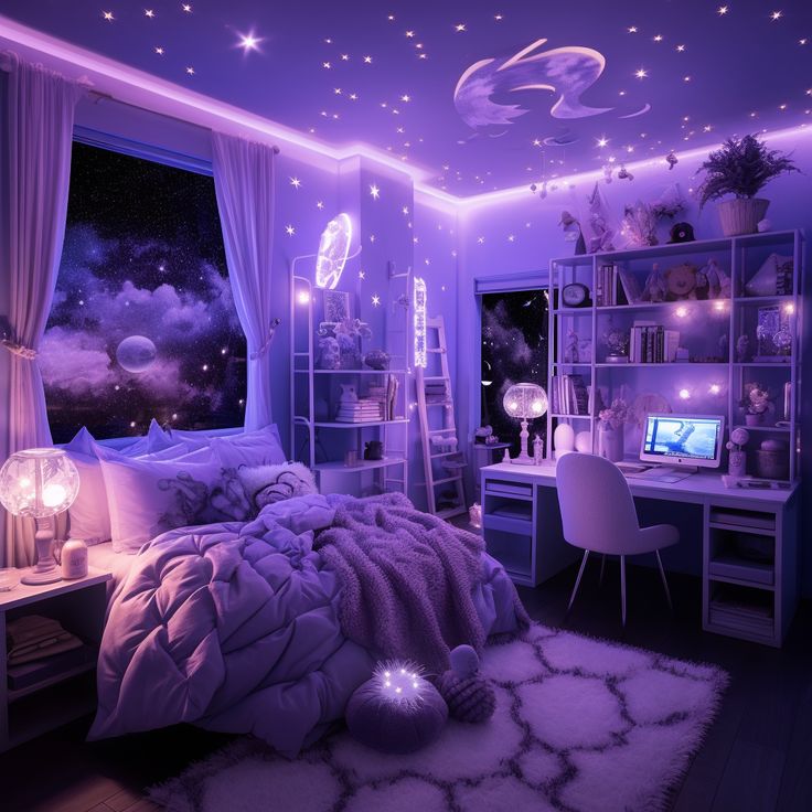 a bedroom decorated in purple and white with stars on the ceiling, windows, and bedding