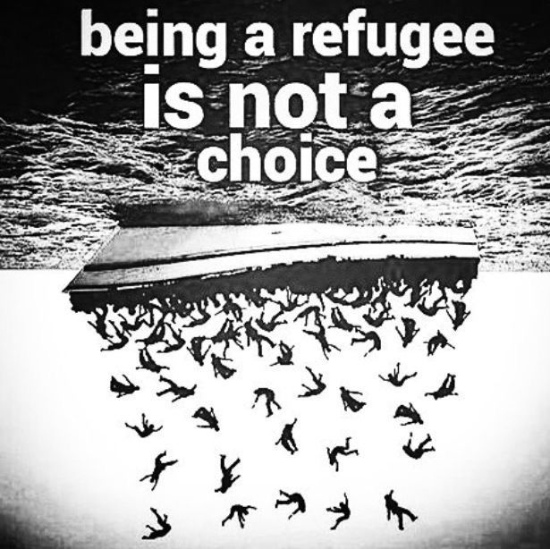 a black and white photo with birds flying around it that says, being a refuge is not a choice