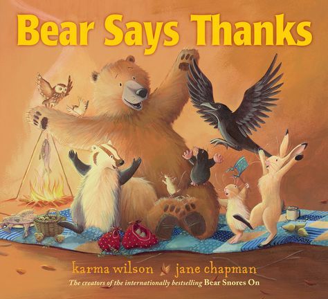 the bear says thanks book cover with an image of bears and other animals on a blanket