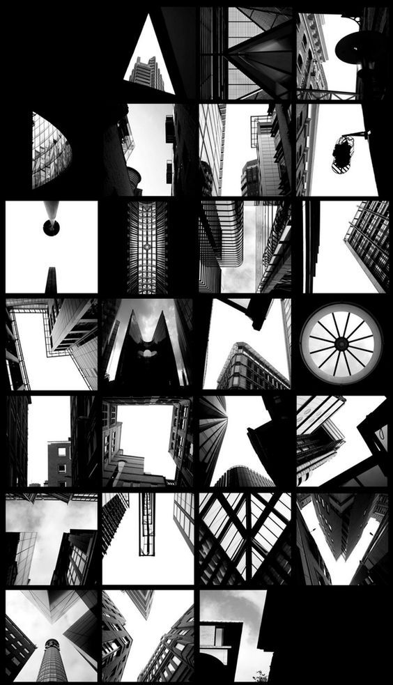 black and white photograph of the letters made up of different shapes, sizes and colors