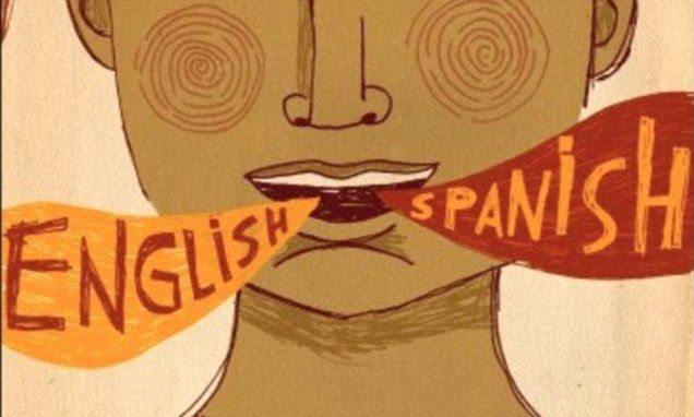 an image of a man with spanish words on his face and the word english in front of him