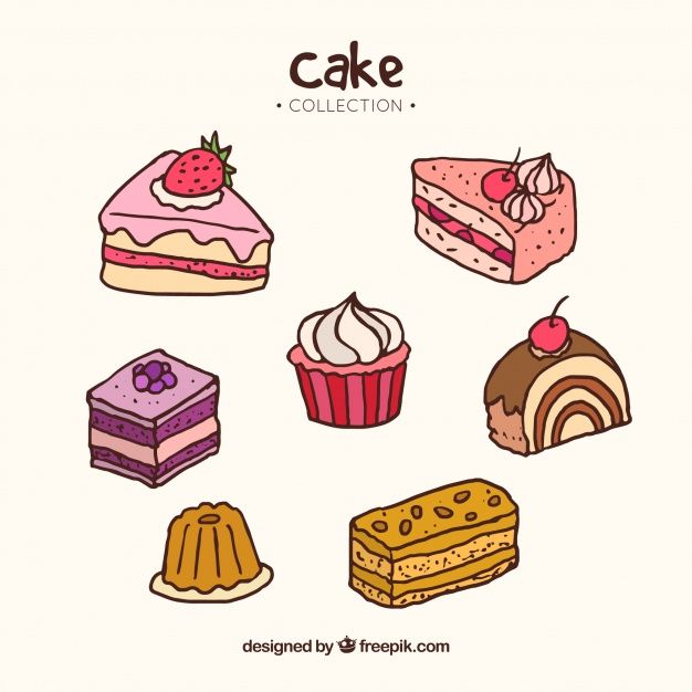 hand drawn cake collection with different types and flavors on white background freehanded illustration