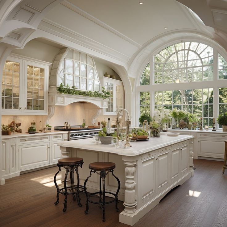 a large kitchen with an island in the middle and two stools next to it
