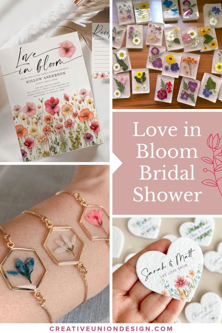 the love in bloom bridal shower is shown with flowers and hearts on it's wrist