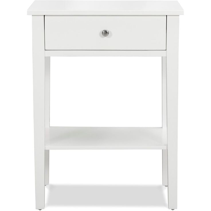 a white bedside table with one drawer and two drawers on the bottom, against a white background