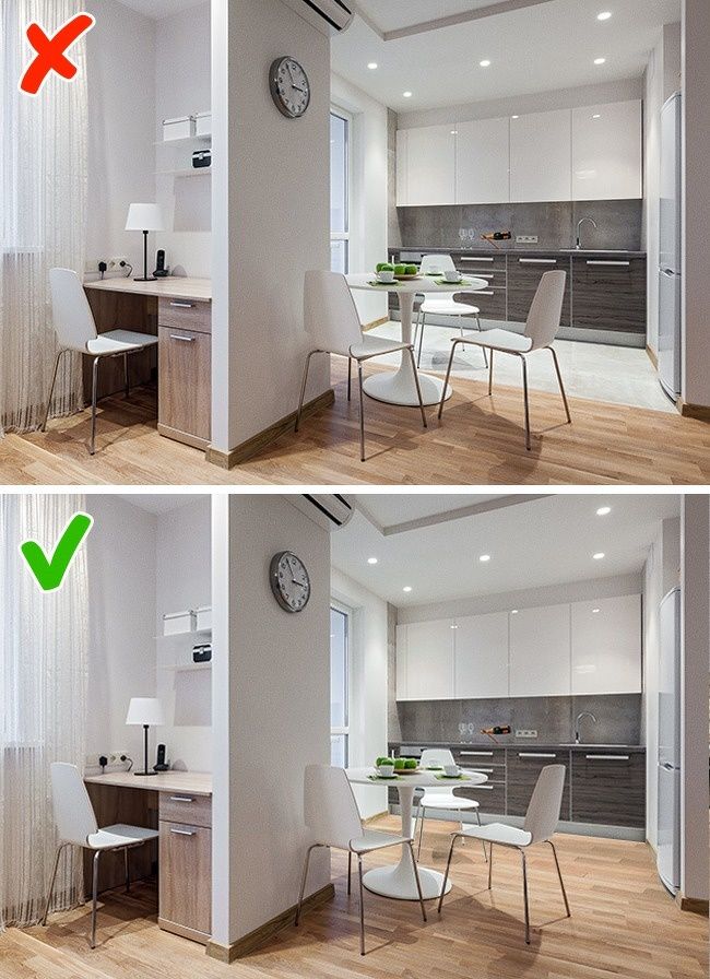 two pictures show the same kitchen and dining room