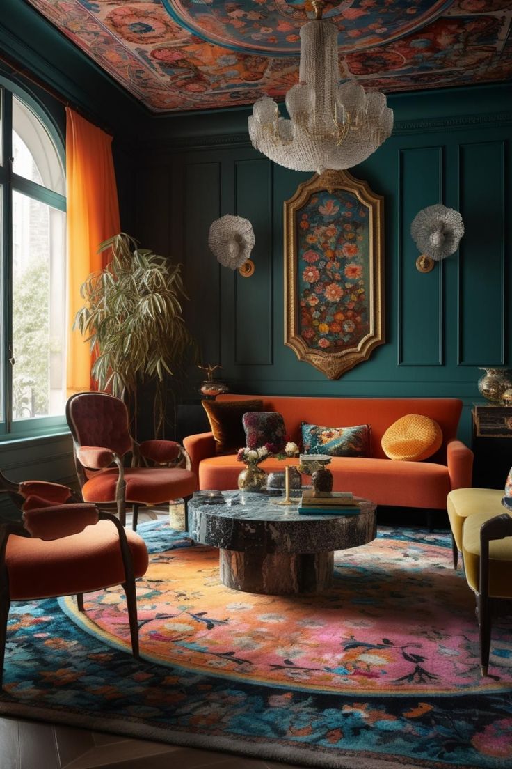 a living room filled with furniture and a painting on the wall above it's windows