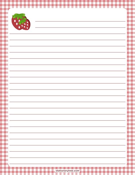 a pink and white checkered paper with a strawberry on it