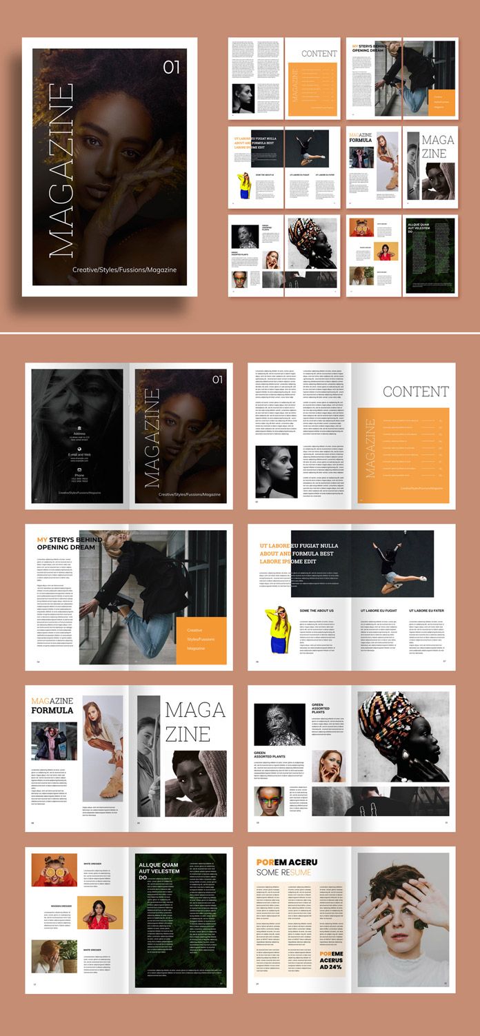 an open magazine is shown with orange and black pages on the front, side by side