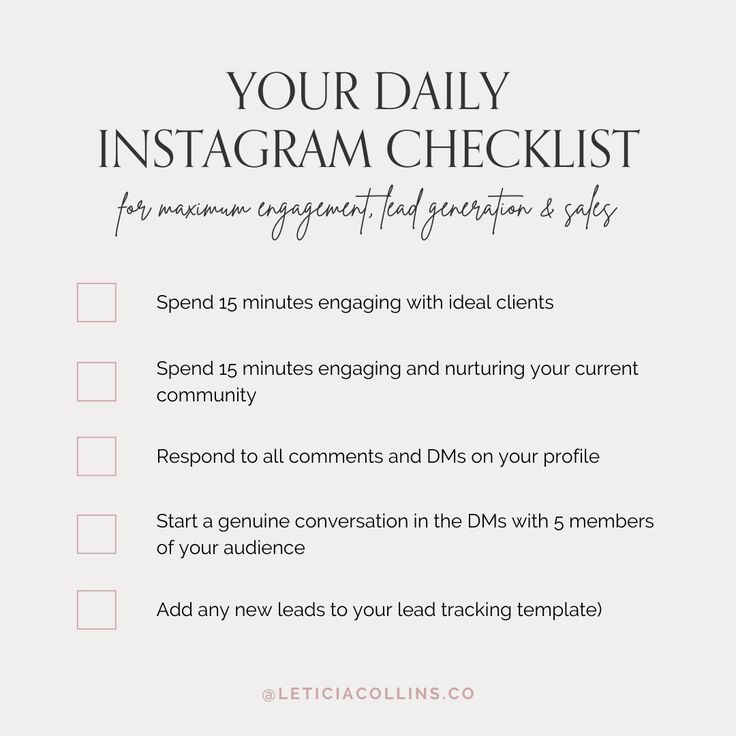 an instagram checklist with the text your daily instagram checklist