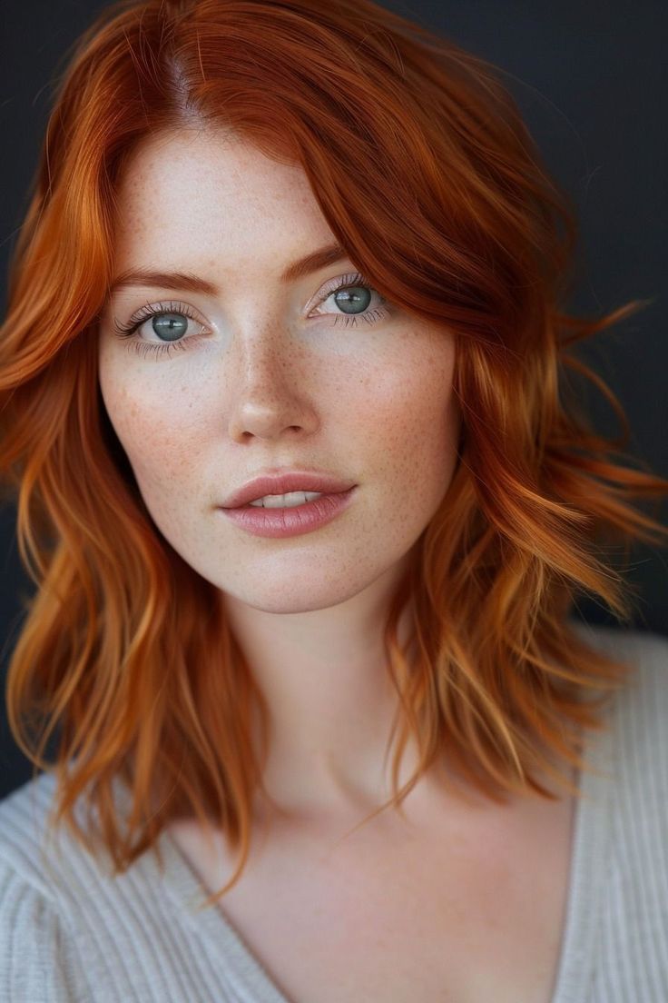 Medium-length copper hair with a softfeathered cut creates a light and airy feeloffering a delicate and refined look. Portrait, Red Hair, Copper Hair, Copper Red Hair, Copper Balayage, Redhead Beauty, Long Red Hair, Hair Cuts, Hair Inspiration
