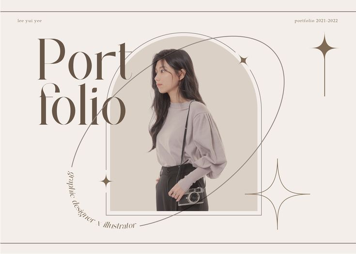 a woman is standing in front of a white background with the words port folio on it