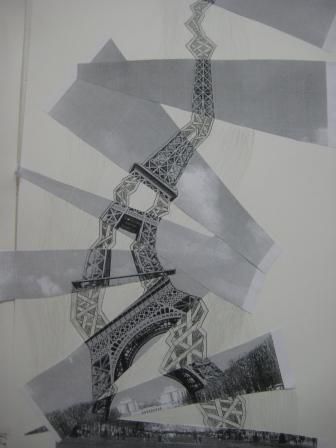 an abstract drawing of the eiffel tower in black and white with strips of paper