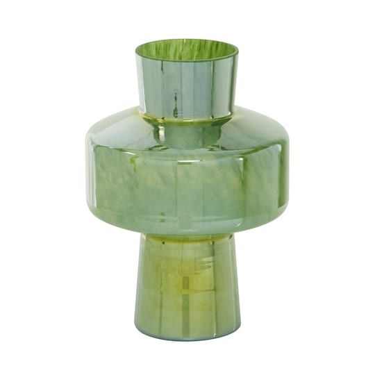 a green vase sitting on top of a white table