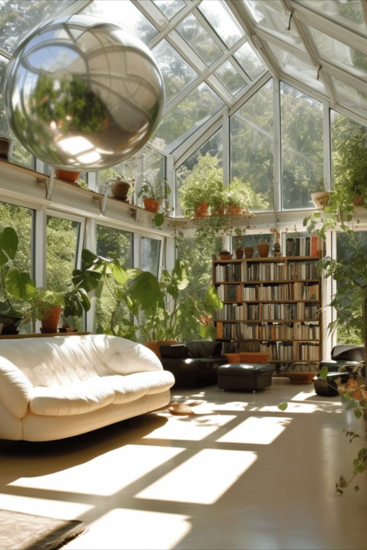 a living room filled with lots of plants and bookshelves covered in glass walls