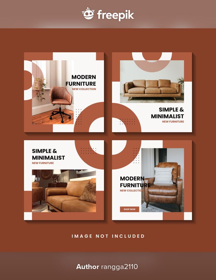 four different furniture adverts with the same color scheme and text on each one