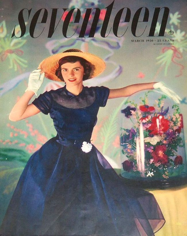 a woman in a blue dress and hat on the cover of seventeen magazine