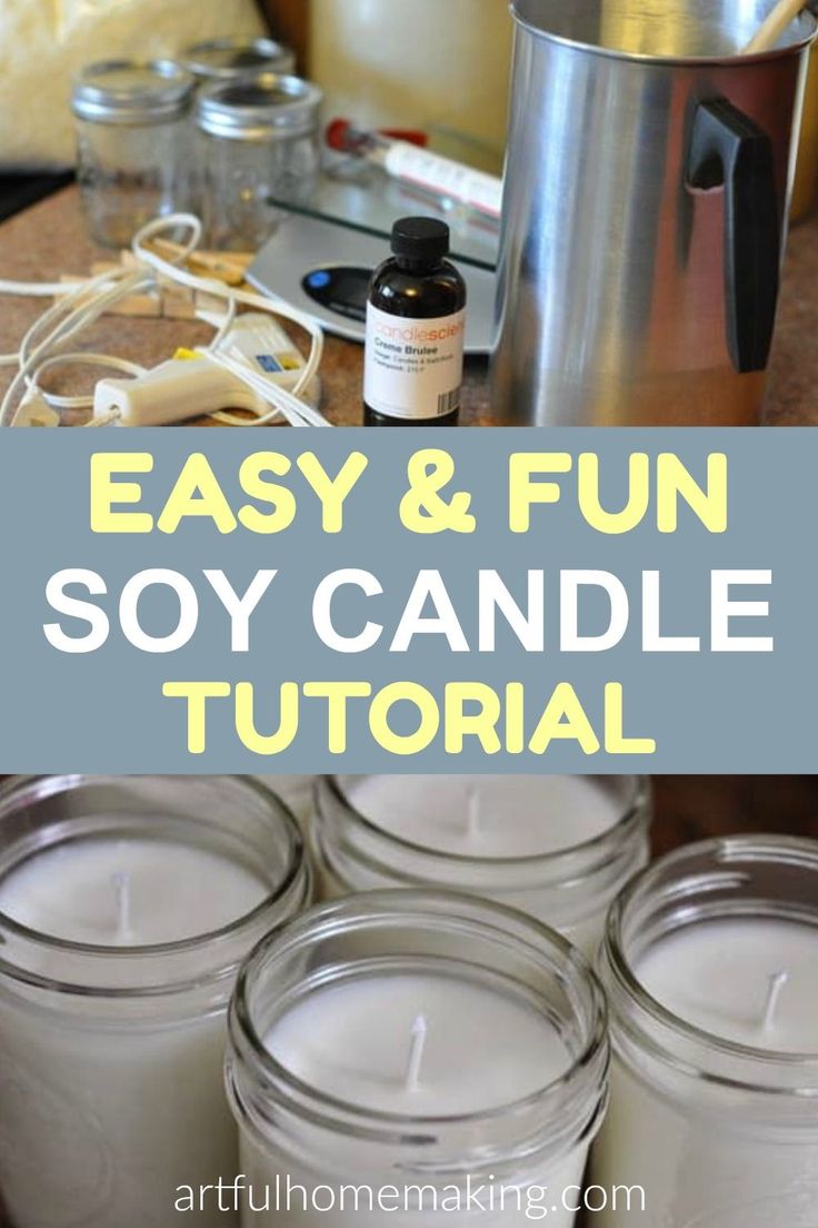 some candles are sitting on a table with the words easy and fun soy candle
