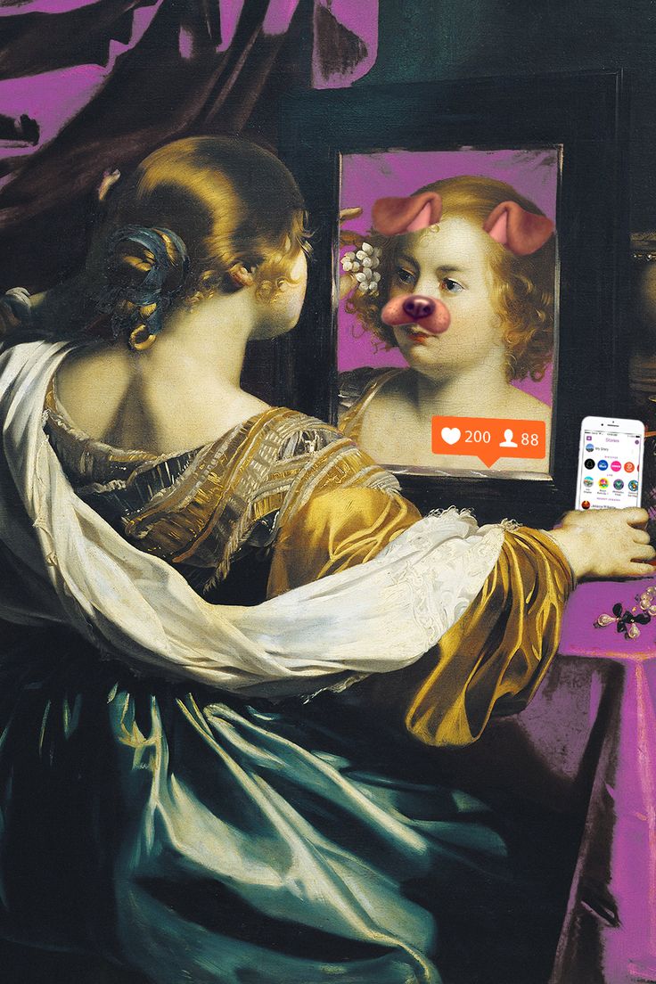 a painting of a girl looking at her self in a mirror with an ad on it