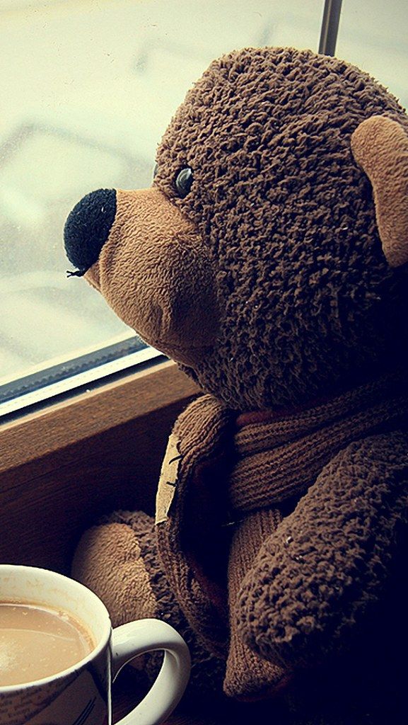 a brown teddy bear sitting next to a cup of coffee on a window sill