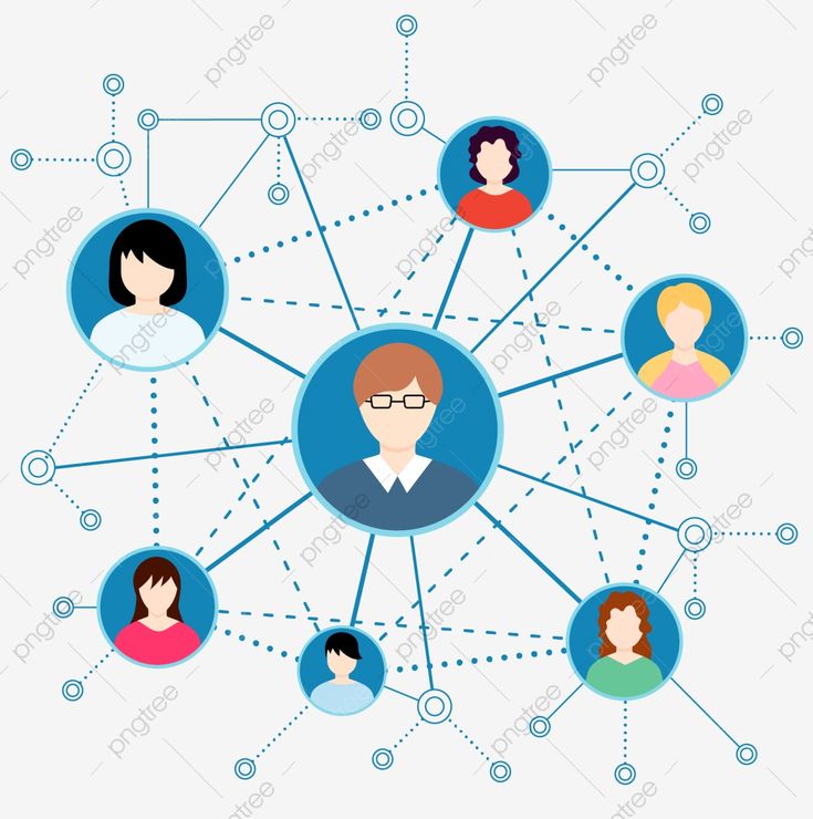 a group of people connected by lines and dots on a white background with blue circles around them