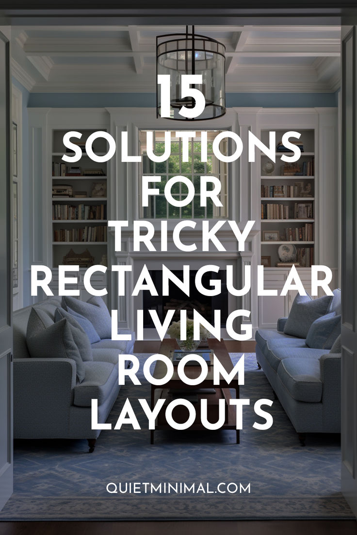 a living room with couches, chairs and bookshelves in the background text reads 15 solution for tricky rectangular living room layouts