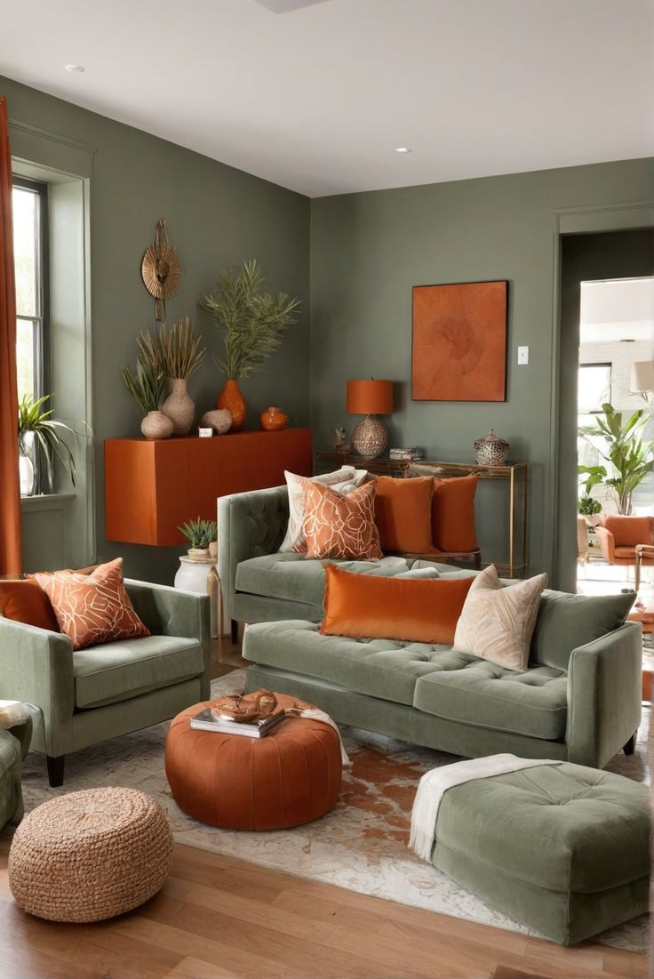 a living room filled with green couches and orange pillows