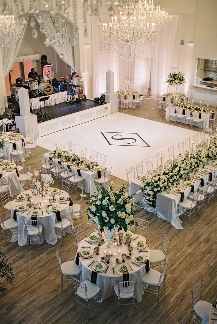 an overhead view of a banquet hall with tables and chairs set up for a formal function