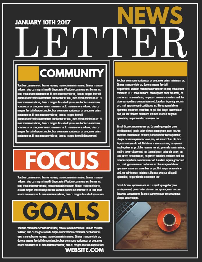 a black and yellow newspaper cover with the words news letter community, focus on goals