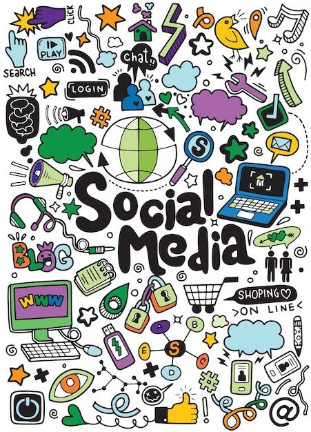 the word social media surrounded by doodles and other items in black and white colors