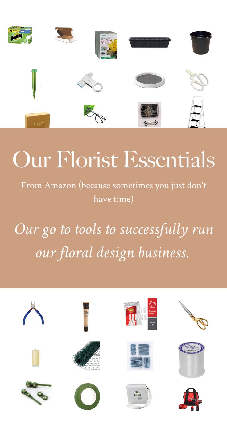 an advertisement with the words our florist essentials on it, including scissors and other items