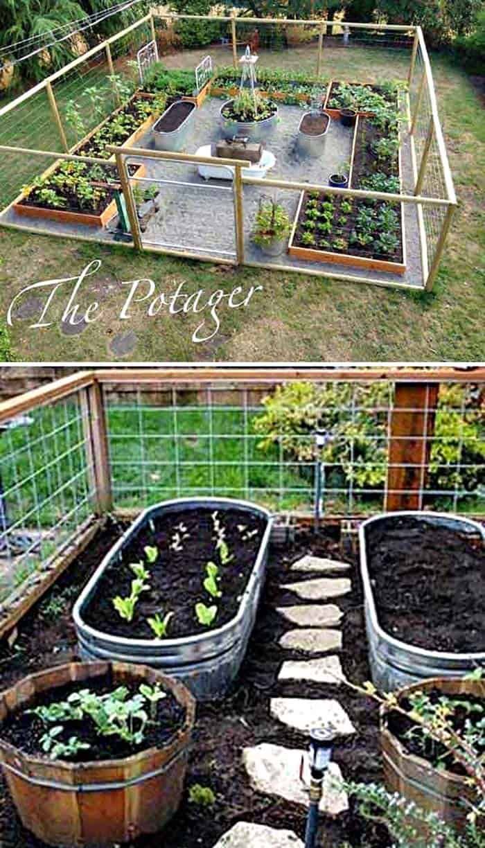 an outdoor vegetable garden is shown in two different stages, and the same one has been built