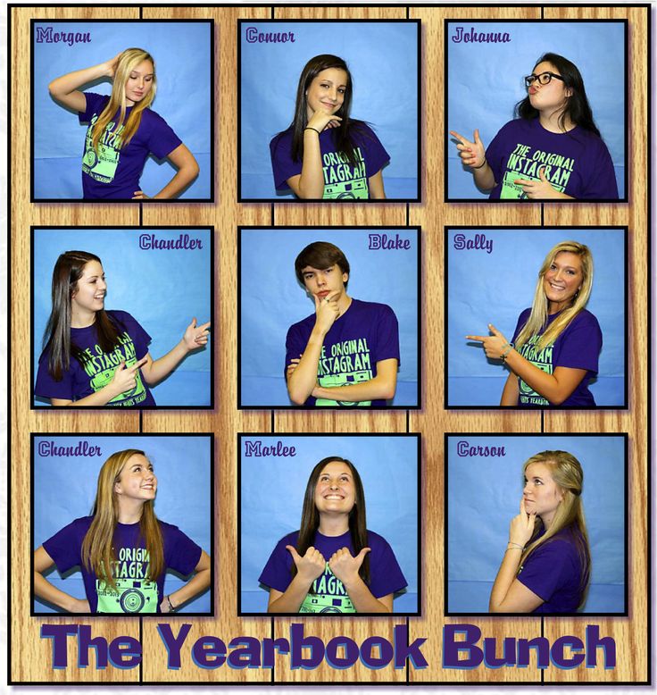 the year book bunch is shown with eight photos in front of it and four words below
