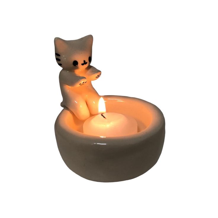 a cat sitting in a bowl with a lit candle