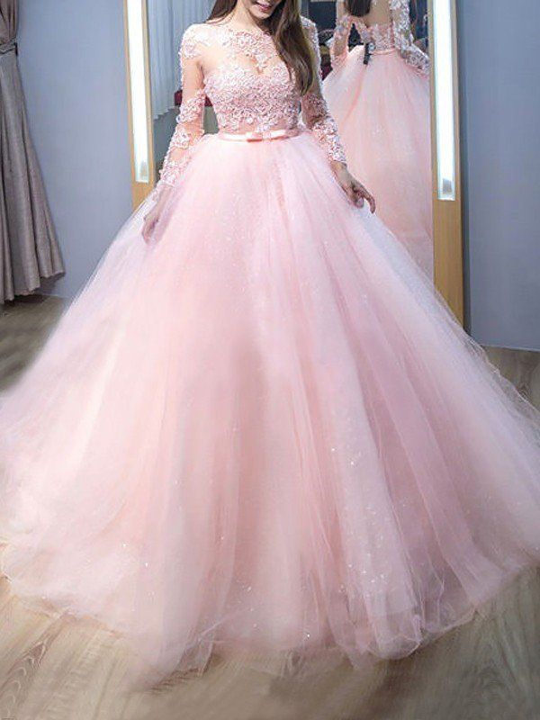 Tulle, Prom Dresses Ball Gown, Pink Prom Dresses, Prom Dresses Lace, Prom Dresses With Sleeves, Pink Evening Gowns, Tulle Ball Gown, Long Sleeve Ball Gowns, Prom Dresses Long