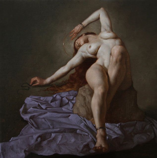 a painting of a naked woman laying on a bed